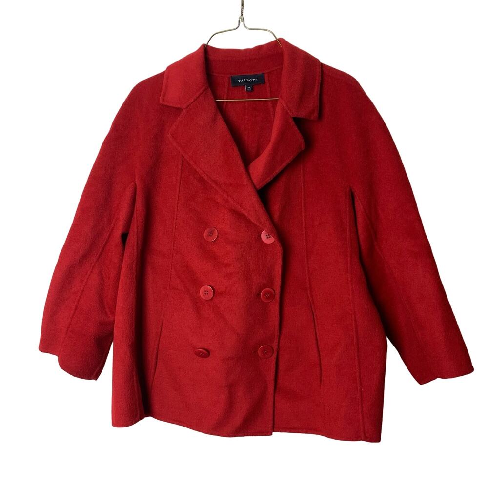 Talbots Classic Bright Red Wool Blend Cropped Sleeve Peacoat‎ Jacket Size MEDIUM